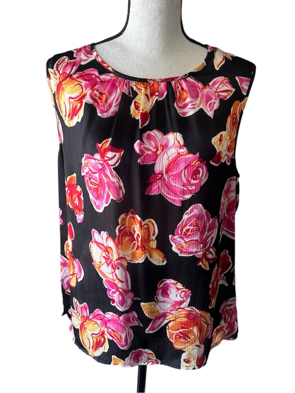 Tahari Women’s Black Floral Sleeveless Blouse Pink & Orange Blooms Sz M
